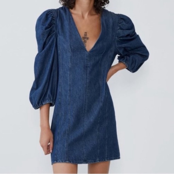 Zara Dresses & Skirts - NWTS Zara Denim Mini Dress w/3/4 puff sleeves & back sliver zipper Size Large